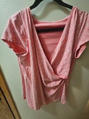 Merona Pink White Print Faux Wrap Top Womens Short Sleeve- Large